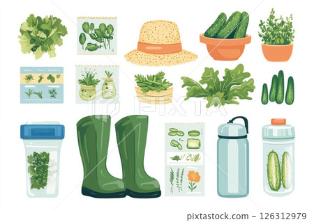 Colorful flat illustration of gardening tools, plants, and accessories for home gardening enthusiasts Colorful flat illustration of gardening tools, plants, and accessories for home gardening enthusiasts 126312979