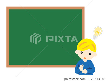 Caucasian boy understanding in front of a blackboard Caucasian boy understanding in front of a blackboard 126313188