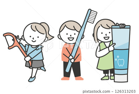 Illustration of a child holding floss, toothbrush and toothpaste | Simple and cute image of tooth decay prevention and tooth brushing habits 126313203
