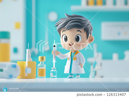 cute 3d doctor preparing syringe for cancer patient with hopeful expression, clean clinical room 126313407