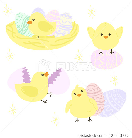 Cartoon baby chicken. Funny little birds. Easter character. Chick hatched from egg. Yellow mascot with different emotions. Sleeping or playing birdie. Domestic animal 126313782