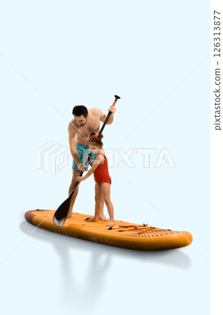 Father teaches daughter how to paddleboard, standing on orange sup board during summer holiday, isolated on light background Father teaches daughter how to paddleboard, standing on orange sup board during summer holiday, isolated on light background 126313877