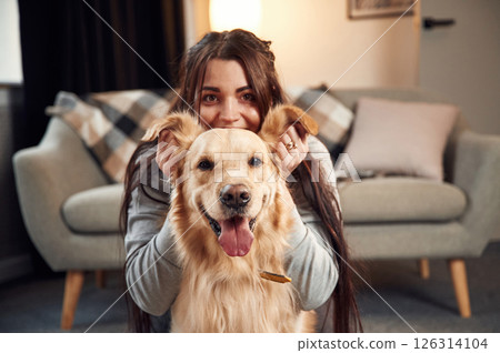 Playing with ears, front view, portrait. Woman is with golden retriever dog at home 126314104