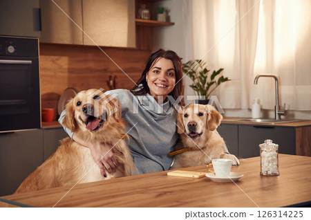 On the kitchen by the table. Woman is with two golden retriever dogs at home 126314225