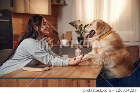 Sitting by the table together. Woman is with golden retriever dog at home 126314227