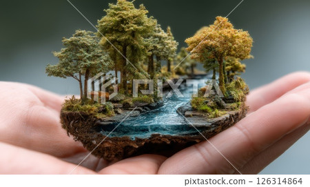 Miniature Forest Scene with Stream in a Hand-Held Terrain 126314864
