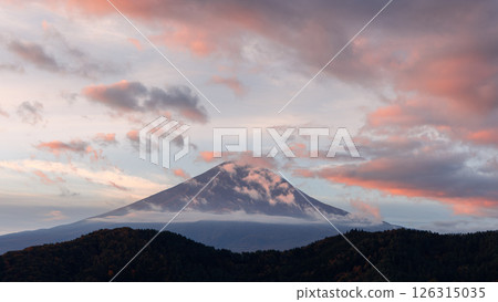 Morning light colors the drifting clouds in soft pink, orange hues they move toward Mount Fuji peak Morning light colors the drifting clouds in soft pink, orange hues they move toward Mount Fuji peak 126315035