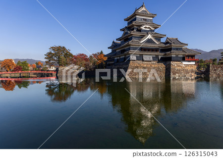 Panoramic view of Matsumoto Castle with a red bridge, golden autumn trees Panoramic view of Matsumoto Castle with a red bridge, golden autumn trees 126315043