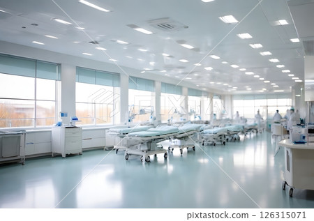 A hospital room with a medical staff member pushing a hospital bed. The room is bright and sterile, with a large window letting in natural light. The medical staff member is wearing a blue uniform 126315071