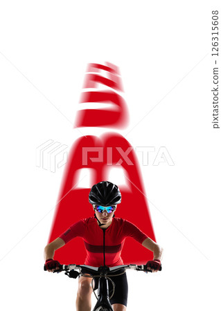Poster. Creative art collage. Female cyclist rides forward with red BAM text trailing behind against white background. 126315608