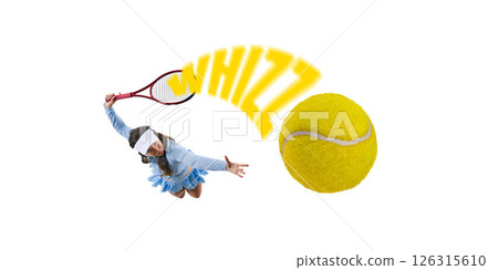 Poster. Surreal art design. Female tennis player smashes ball with curved WHIZZ text trailing against white background. Poster. Surreal art design. Female tennis player smashes ball with curved WHIZZ text trailing against white background. 126315610