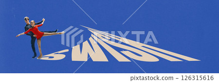 Banner. Creative art collage. Ice skaters perform elegant routine as SWISH text trails motion against blue background. Banner. Creative art collage. Ice skaters perform elegant routine as SWISH text trails motion against blue background. 126315616