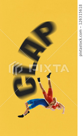 Poster. Contemporary art design. Wrestler throws opponent with black CLAP text curving above against yellow background. Poster. Contemporary art design. Wrestler throws opponent with black CLAP text curving above against yellow background. 126315618