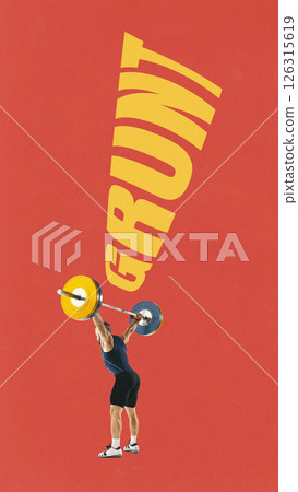 Poster. Creative artwork. Weightlifter lifts barbell overhead with yellow GRUNT text expanding upward against red background. Poster. Creative artwork. Weightlifter lifts barbell overhead with yellow GRUNT text expanding upward against red background. 126315619