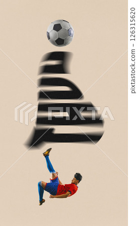 Poster. Creative art collage, Footballer kicks ball mid-air with loud THUD forming shadowed typography on beige background. Poster. Creative art collage, Footballer kicks ball mid-air with loud THUD forming shadowed typography on beige background. 126315620
