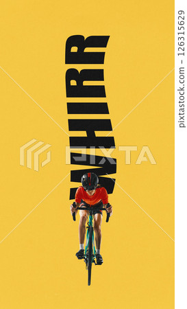 Poster. Conceptual art collage. Cyclist riding forward with WHIRR sound effect forming black typography trail on yellow background. Poster. Conceptual art collage. Cyclist riding forward with WHIRR sound effect forming black typography trail on yellow background. 126315629