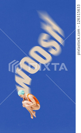 Poster. Modern art collage. Diver in mid-air with WOOSH sound trail curving above against blue background. Poster. Modern art collage. Diver in mid-air with WOOSH sound trail curving above against blue background. 126315633