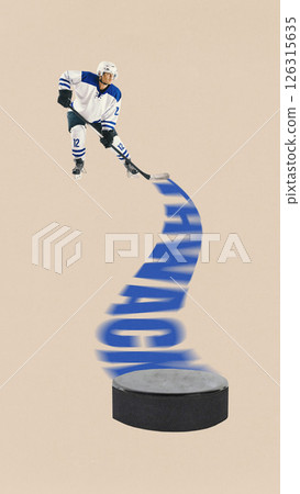Poster. Modern art design. Ice hockey player hitting puck with WHACK sound trail on beige background. Poster. Modern art design. Ice hockey player hitting puck with WHACK sound trail on beige background. 126315635