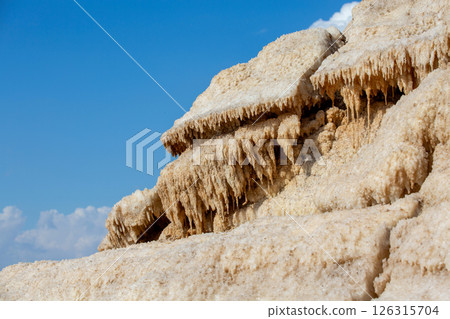 Natural salt stalactites crystals at the Dead Sea Natural salt stalactites crystals at the Dead Sea 126315704