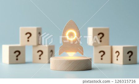 木製火箭和問號塊象徵新的挑戰 126315716