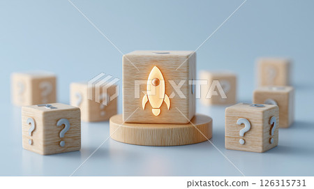 The wooden rocket and question mark blocks symbolize a new challenge 126315731