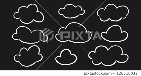 Kid chalk cloud doodles set - hand drawn crayon sketches isolated on blackboard. Childish scribble style, simple white outline shapes. Preschool artistic drawing, grunge design elements vector. 126316032