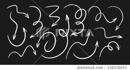 White chalk arrows on black chalkboard - artistic hand sketched doodle swirls, chaotic curved lines, pointers. Pencil crayon grunge scribbles, design elements drawings. Isolated marker stroke vector. White chalk arrows on black chalkboard - artistic hand sketched doodle swirls, chaotic curved lines, pointers. Pencil crayon grunge scribbles, design elements drawings. Isolated marker stroke vector. 126316033