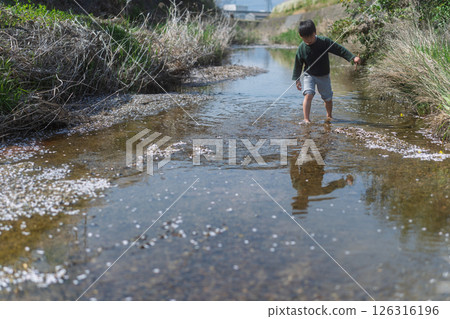 一個男孩在春日的陽光下在河裡玩耍 126316196