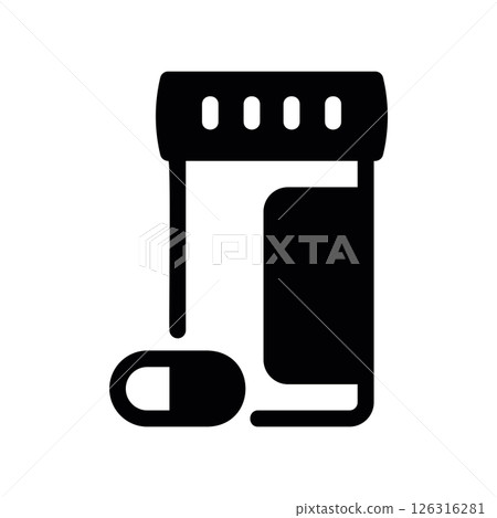 Solid Black Pill Bottle with Single Capsule Icon for Medical Use Solid Black Pill Bottle with Single Capsule Icon for Medical Use 126316281