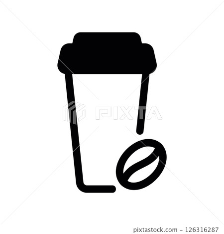 Black Silhouette of Takeaway Coffee Cup with Lid and Bean Icon Black Silhouette of Takeaway Coffee Cup with Lid and Bean Icon 126316287