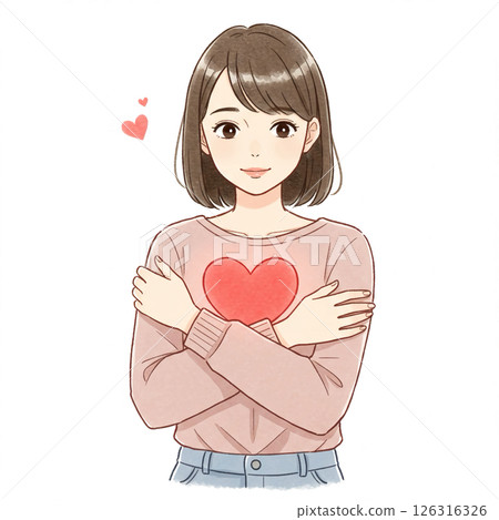 Illustration of a woman hugging a heart 126316326