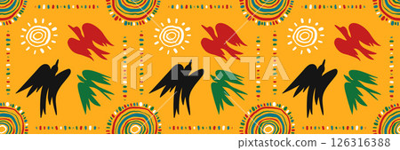 African geometric ethnic seamless pattern with hand drawn birds of freedom and curved circle. Juneteenth celebration background. Abstract horizontal background. Vector doodle illustration. African geometric ethnic seamless pattern with hand drawn birds of freedom and curved circle. Juneteenth celebration background. Abstract horizontal background. Vector doodle illustration. 126316388