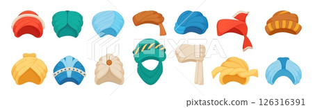 Oriental headdress. Different turbans cartoon elements, muslim islamic head accessories. Isolated arabic symbols, sultan costume, neoteric vector set 126316391