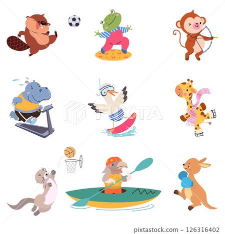 Sport animals. Cartoon animal workout, play basketball and soccer, boxing, surfing. Active kangaroo, hippo otter frog giraffe, nowaday vector set Sport animals. Cartoon animal workout, play basketball and soccer, boxing, surfing. Active kangaroo, hippo otter frog giraffe, nowaday vector set 126316402