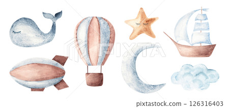 Watercolor Baby Set. Air transport, Sea design elements, Crescent Moon, cute sleeping Star and Cloud. Watercolor Hand drawn Children's illustration isolated on white background in Vintage style. For Watercolor Baby Set. Air transport, Sea design elements, Crescent Moon, cute sleeping Star and Cloud. Watercolor Hand drawn Children's illustration isolated on white background in Vintage style. For 126316403