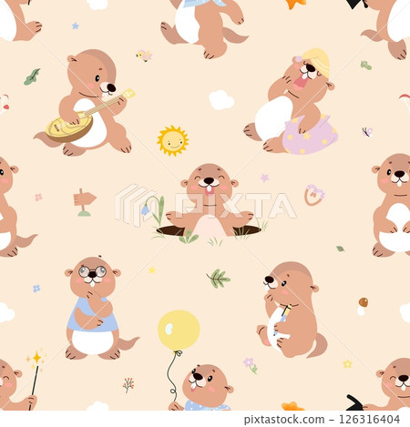 Groundhogs seamless pattern. Cartoon groundhog or marmot funny characters. Childish style animals, print design for fabric or wallpaper, nowaday vector background 126316404