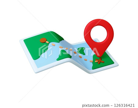 Map 3d with travel route. Render navigation element with start and finish points and red pin gps. Tourism, hiking, outdoor adventures vector design 126316421
