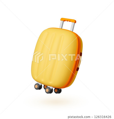 Isolated 3d suitcase. Plastic realistic cartoon baggage, cabin size case. Travel tourist accessory, vacation bag for clothes and items, vector element 126316426