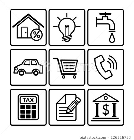 set of line icons related to public utilities. home loan, tax, electricity bill, water bill, phone bill, saving. vector illustration set of line icons related to public utilities. home loan, tax, electricity bill, water bill, phone bill, saving. vector illustration 126316733