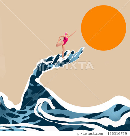 Woman in pink swimsuit and swim cap standing in dynamic pose on wave shaped like hand, reaching towards large orange sun. Contemporary art collage 126316759