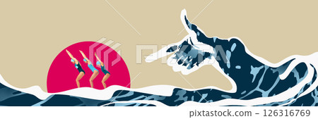 Three women in blue and pink swimsuits and swim caps pose on wave shaped like hand diving into water with pink sun in background 126316769