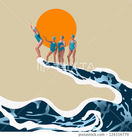 Group of women in blue swimsuits and swim caps stand and pose on wave shaped like hand, with large orange sun in background. Group of women in blue swimsuits and swim caps stand and pose on wave shaped like hand, with large orange sun in background. 126316770