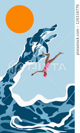 Woman in pink swimsuit and swim cap diving into water from wave shaped like hand, with large orange sun in background. 126316776