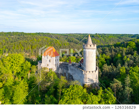 Kokorin Castle stands majestically among lush green trees in Czechia. The aerial perspective captures the serene beauty of the landscape bathed in warm evening light. 126316829