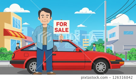 準備出售：一名男子帶著汽車和「出售」標誌 126316842