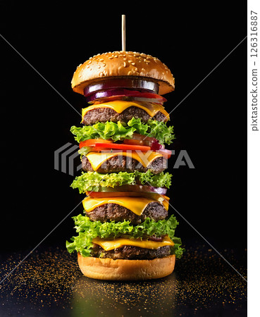 Giant hamburger with melted cheddar cheese overflowing layers 126316887
