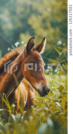 happy foal horse in field, banner with copy space happy foal horse in field, banner with copy space 126317081