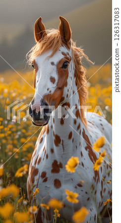 happy foal horse in field, banner with copy space 126317083