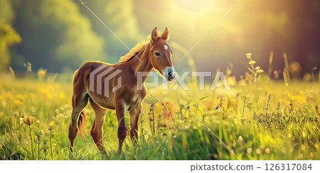 happy foal horse in field, banner with copy space 126317084