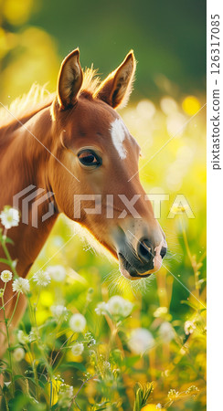 happy foal horse in field, banner with copy space 126317085